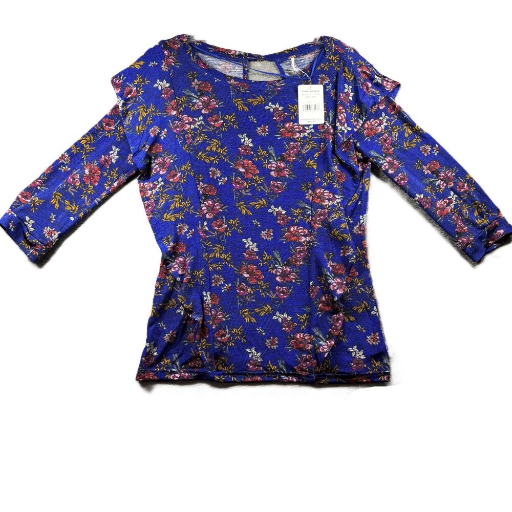 Free People Women NEW Top Dock Street Ruffle Boho Royal Blue Floral Medium P103